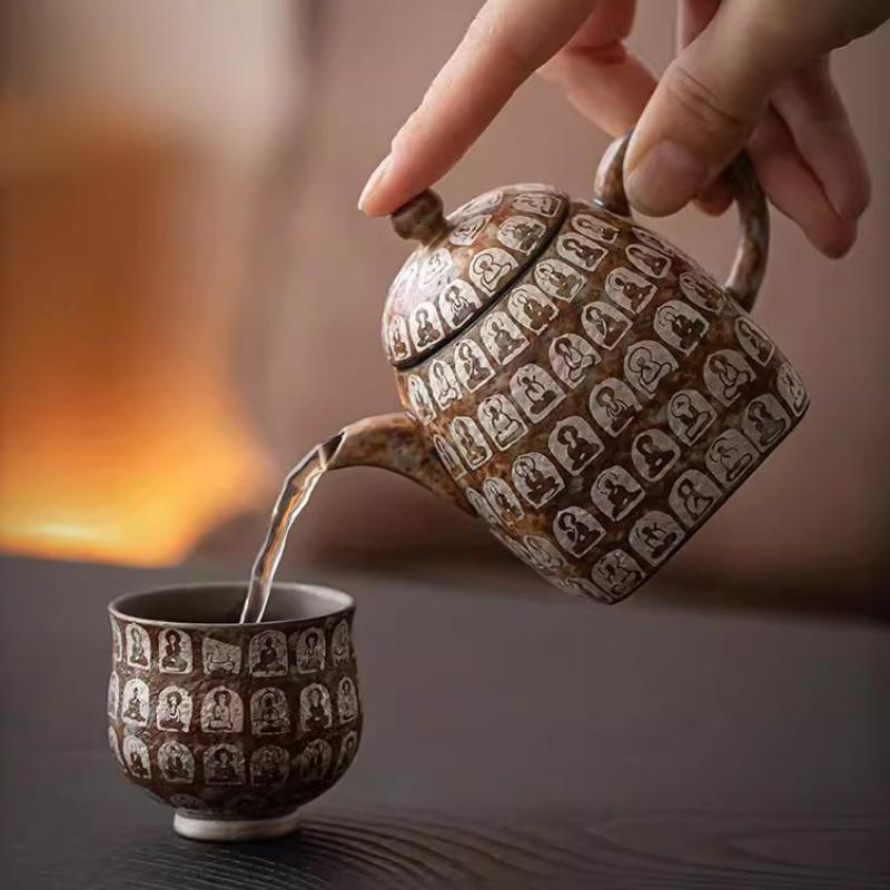 Dunhuang Ten Thousand Buddhas Silver Gilded Ceramic Gongfu Tea Set Chinese Traditional Yixing Teapot Gift Home Decor