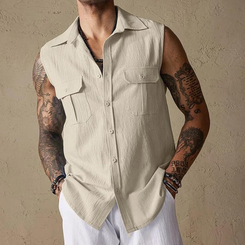 

Летняя мужская повседневная рубашка без рукавов однотонная с карманом отложной воротник на пуговицах модные удобные рубашки XXL хаки