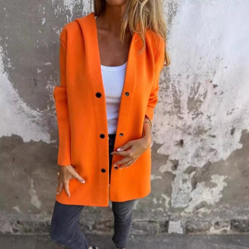 Womens Solid Color Hooded Single-Breasted Casual Jacket Winter Medium Weight Long Coat