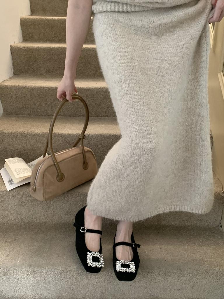 Korean version of square head woolen rhinestone one-word buckle Mary Jane shoes women's 2025 new spring and autumn versatile velvet single shoes