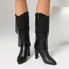 Damen High-Heel Stiefel Herbst und Winter neu Europäische und amerikanische Stiefel mit dickem Absatz und Fransen Übergröße mittelhohe Stiefel