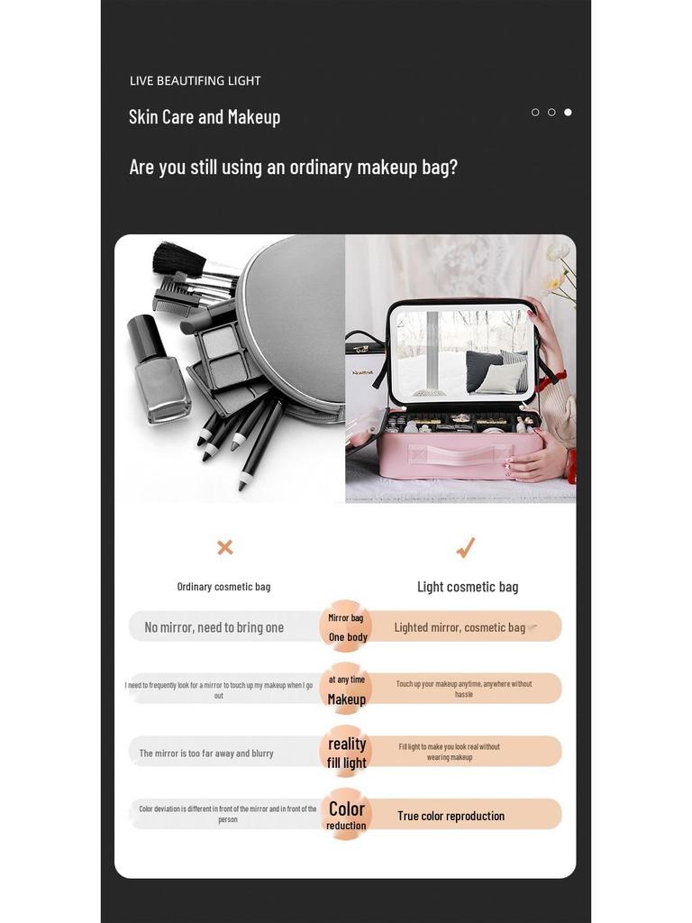 Make-up-Tasche mit großer Kapazität, Spiegel, Licht und herausnehmbaren Trennwänden - Tragbarer Reise-Kosmetikbeutel