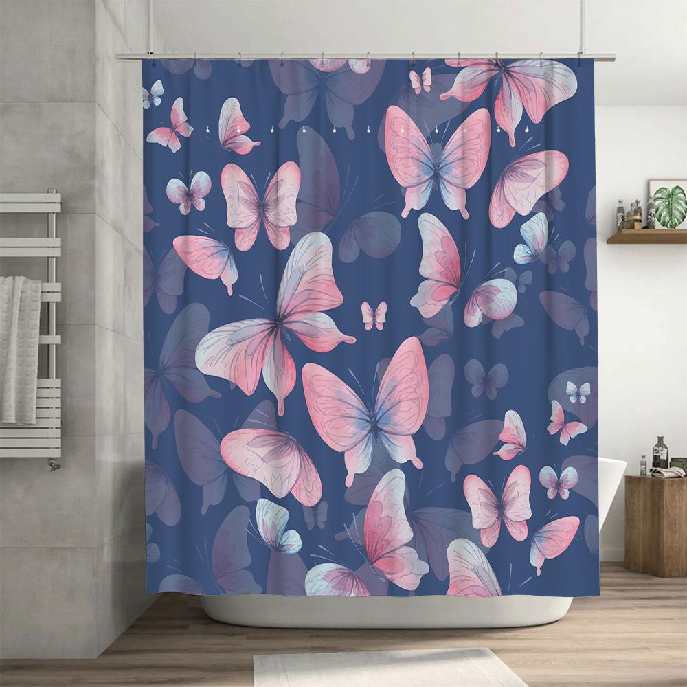 Butterfly Print Shower Curtain Blue Pink White Decorative Home Bath Bathroom Decoration Waterproof Rainproof Waterfall Flower So