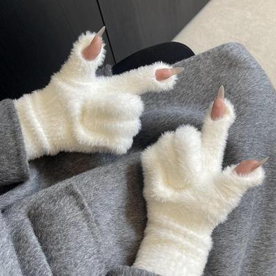 Versión coreana femenina Guantes de invierno cálidos para montar a caballo con dedos abiertos y pantalla táctil para estudiantes peludos