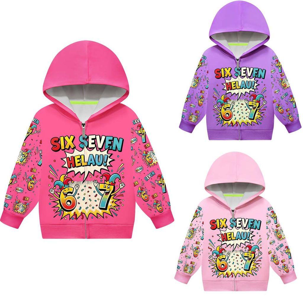 Girls Steal a Brainrot 67 Printed Casual Hooded Coat Children Zipper Long Sleeves Jacket