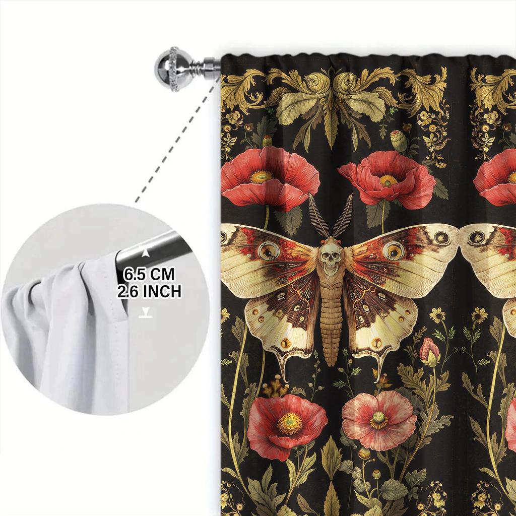 Set Of 2 Butterfly Floral Pattern Curtains American Retro Style Sunshade Privacy Protecting Pole Curtain Polyester