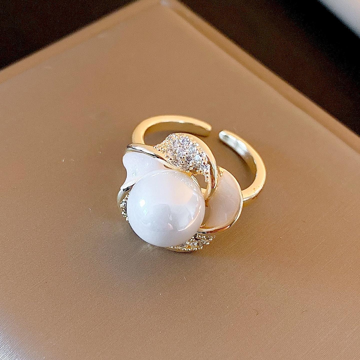 European and American zircon flower opening pearl ring niche index finger ring fashionable exquisite exaggerated jewelry