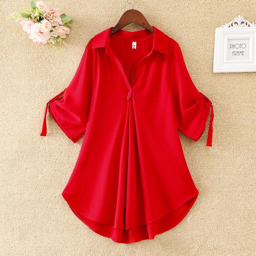 Mid-length Short Sleeved Chiffon Shirt Female Summer Large Size Loose Waist Chiffon Shirt Top Female