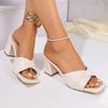 Fashion Elegant Ladies Solid Beige Cross Strap Sandals Summer 2025 Square Toe High Heels Slides Women Pu Leather Plus Size Mules Slipper