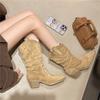 Knight Boots Suede 2025 Autumn Mid-tube Boots Pointed Head Beautiful Thick Heel Piled Boots Women's Retro Folds New Thin Rad