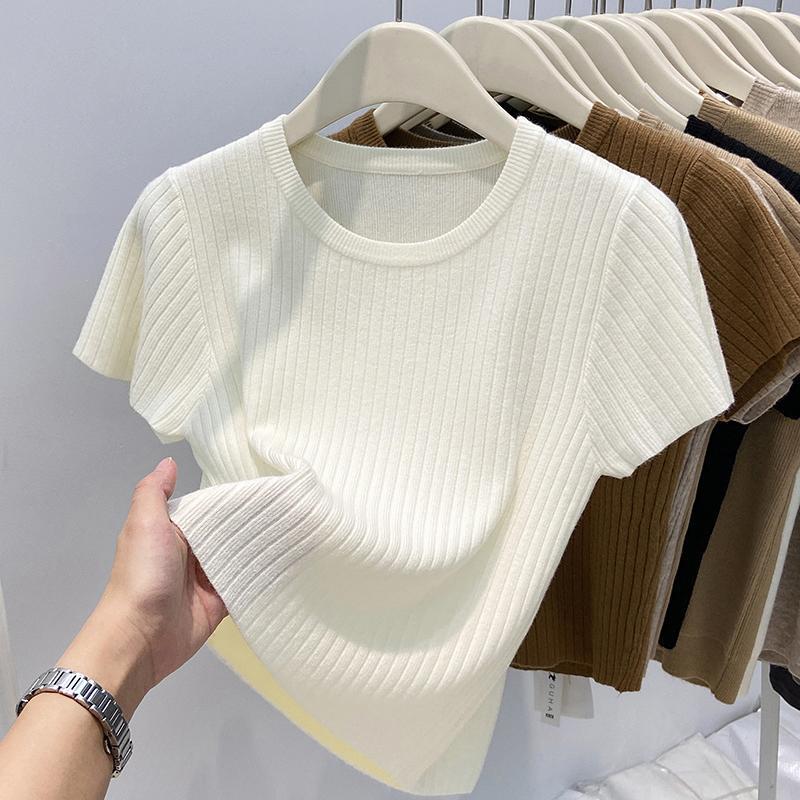 Women's Crew Neck Wide-Stripe Short-Sleeve Knit Top Spring/Fall Season Slimming Short-Length Blouse