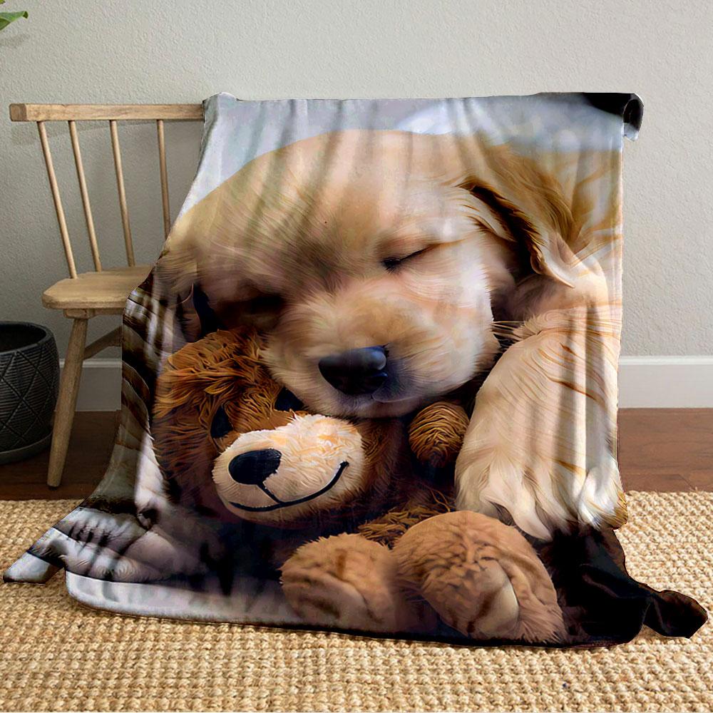 Golden Puppy with Teddy Bear for all seasons blanket lunch break throw gift