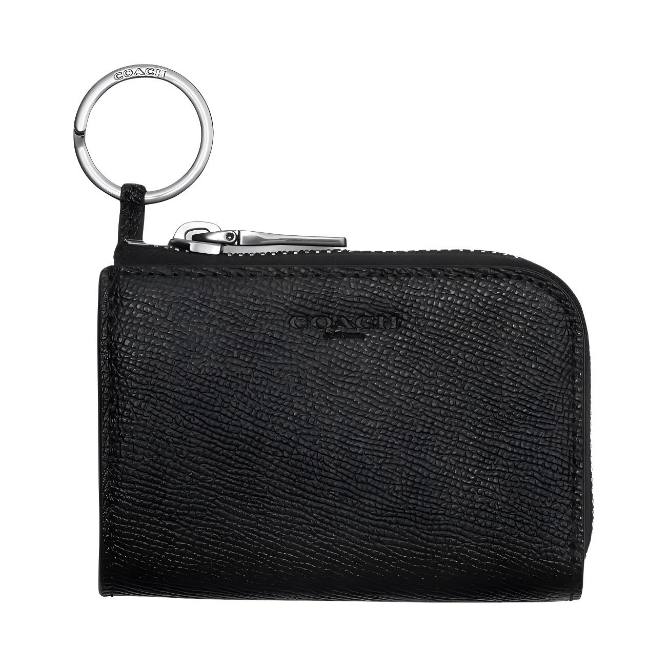 Coach Logo Zip Closure Crossgrain Leather Card Case Women Accessories Black CW359-QBBK Black