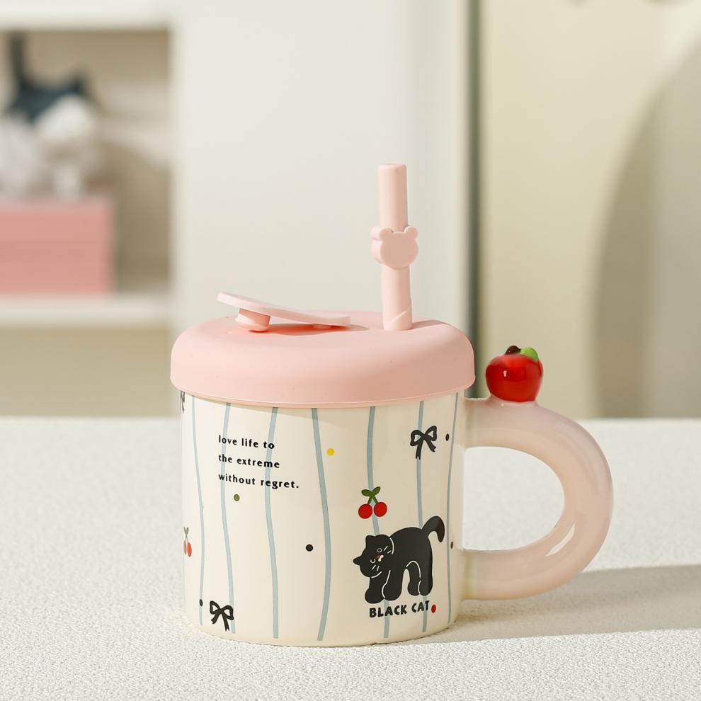 High Value Souvenir Apple Mug with Lid Gift Box Household Water Cup Cute Straw Cup Ceramic Coffee Cup