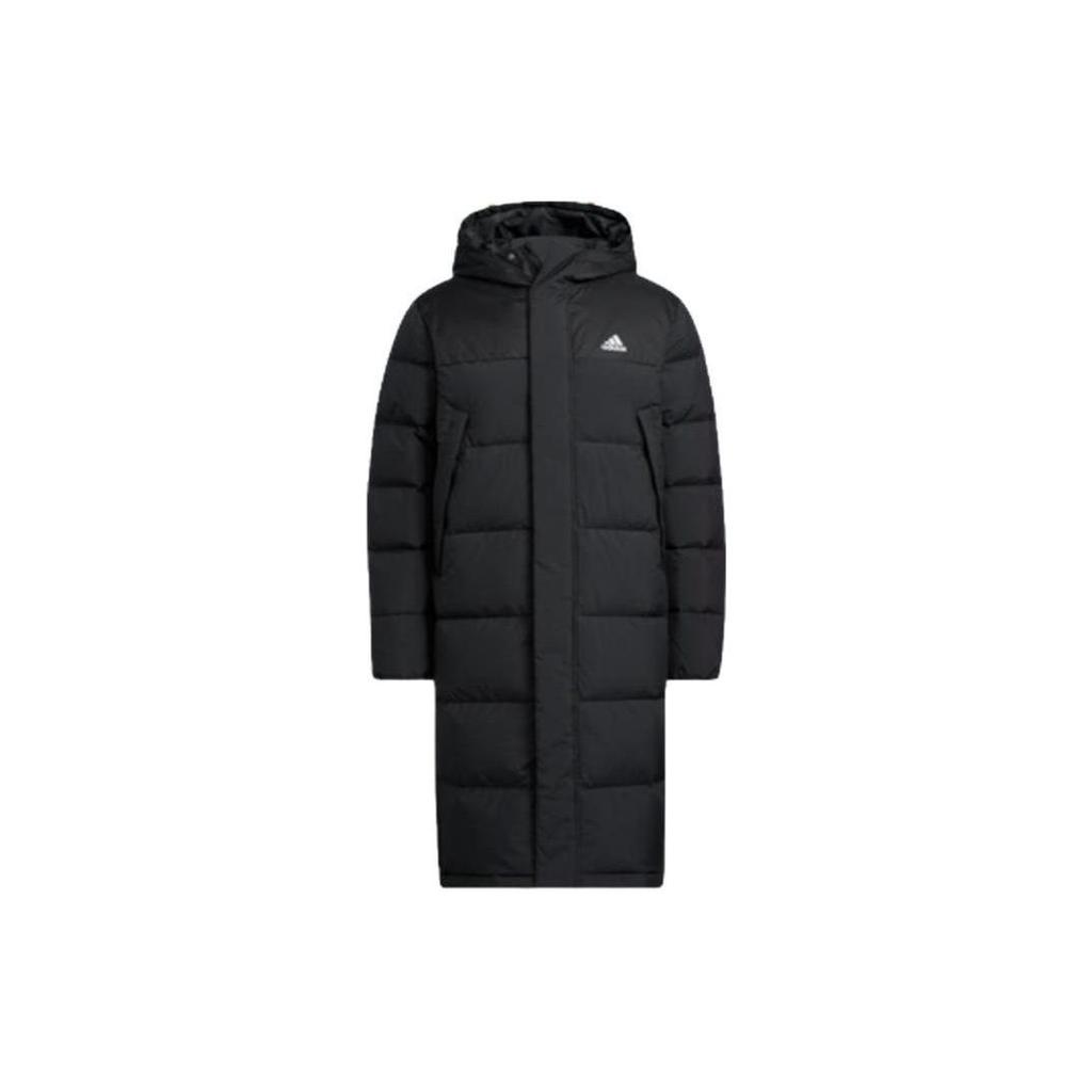 Adidas Solid Color Logo Print Hooded Mid-Length Down Jacket Men Outerwear Black HZ5345