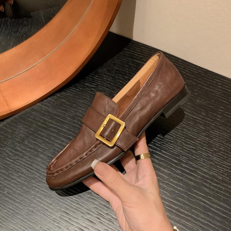 Ins Oil Wax Leather Chaos Soft Leather Retro Loafers 2025 Autumn New Lazy Single Shoes Women