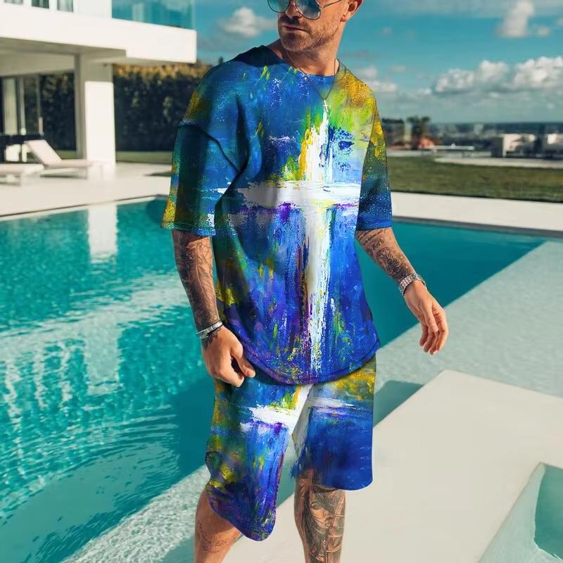 Fashionable Men's Sportswear Summer Beach Short Sleeved 3D Printed Shirt Set Street Wear T-shirt Shorts Men's Loose, Soft, Comfo