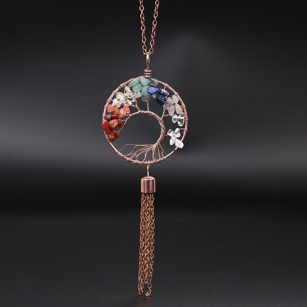 Natural Crystal Tree of Life Car Pendant with Tassel - Crushed Stone Interior Decoration