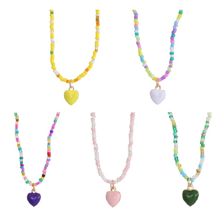 Heart Pendant Beaded Necklace Bohemian Style Chokers Contrast Colored Jewelry