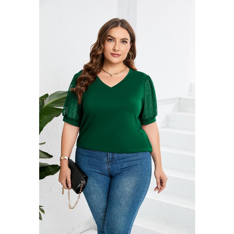 

Летняя женская футболка больших размеров, сетчатая, пушистая, с короткими рукавами и пузырьковым рукавом, однотонная футболка с v-образным вырезом 5XL зелёный