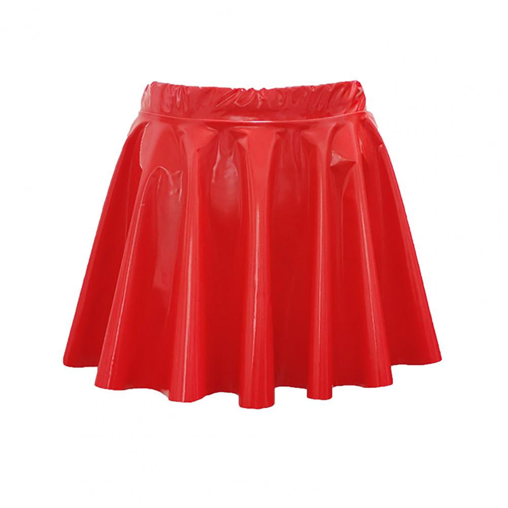 Women Mini Skirt High Waist Mirror Glossy Surface Short Skirt Faux Leather Solid Color Performance Skater Skirt