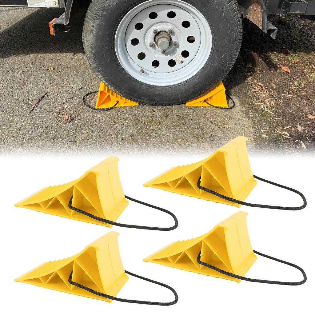 4 Stück Schwerlast Unterlegkeile mit Seil Anti-Rutsch Hohe Stabilität Hartplastik Reifenkeil Block Stopper für Wohnmobil