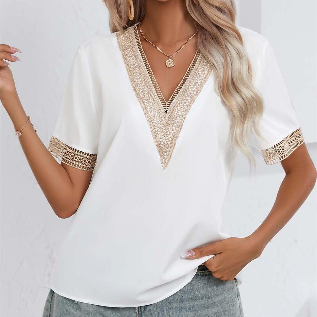 QICED Damenmode, lässig, Sommer, einfarbig, kurzärmelig, V-Ausschnitt, Blusen und Hemden