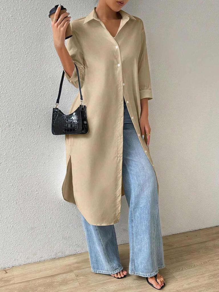 Women's Mid-Sleeve Solid Color Cardigan Shirt Dress