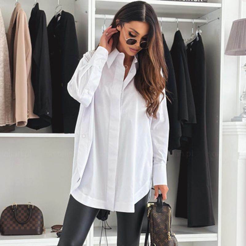 

Women s Casual Versatile Solid Color Split Long-Sleeve Loose Shirt Extra Large