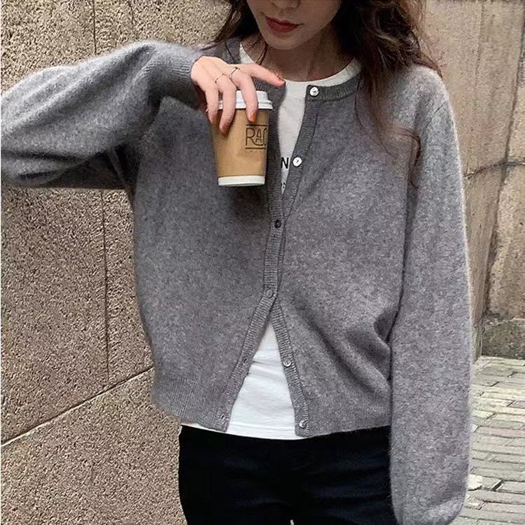 Women's long-sleeved sweater Autumn Loose and versatile sweater pure colour short version
