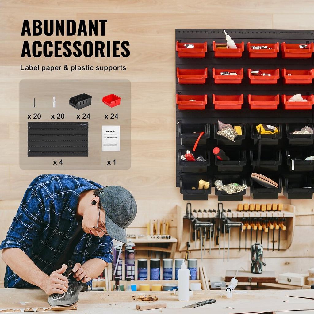 Wall Mounted Storage Bins, 48-Bin Parts Rack Organizer Garage Plastic Shop Tool with Wall Panels, Tool Organizer for Nuts, Bolts, Screws, Nails,