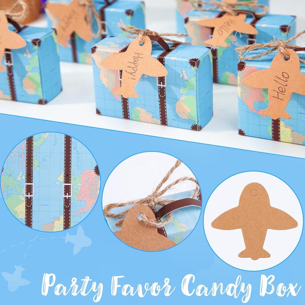 HONEYGIFTS 50 Piece Mini Suitcase Gift Box Party Favor Candy Box, Mini World Map Suitcase for Birthday Party/Wedding/Travel Themed Parties/Bride
