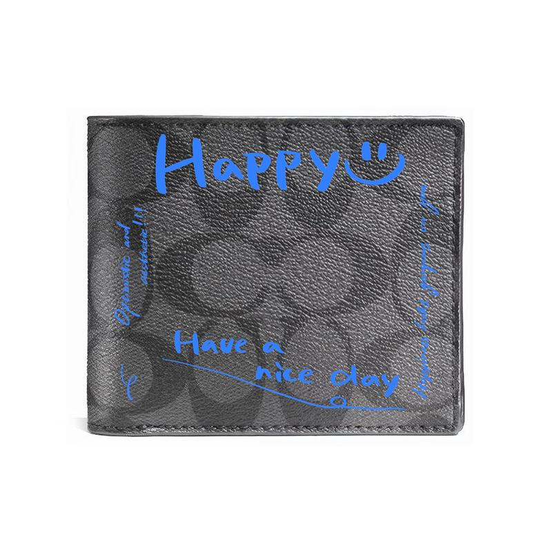 

COACH wallet [Customized bag] 3 IN 1 Hand-painted personalized graffiti Embossed printed short folding belt with detachable card black (blue happy) чорний