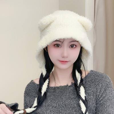 Plüschmütze für Damen im Winter Warm Bär Schnürmütze mit Ohrenschutz Gleicher Stil Lei Feng Mütze Zeigt Gesicht Klein Wollmütze Trendy