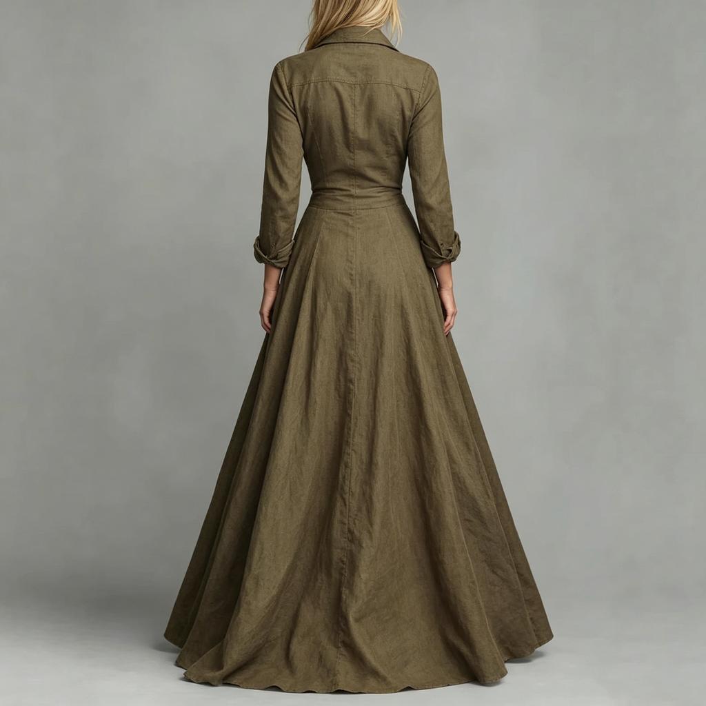 Women Long Sleeve Shirt Dress High Waist Flared Maxi Dress Button Down Front Collared Casual Dress with Pockets