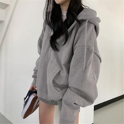 Women Harajuku Zip Up Hoodie Vintage Long Sleeve Oversized Solid Color Hoodies Autumn Korean Style Pocket Drawstring Sweatshirt