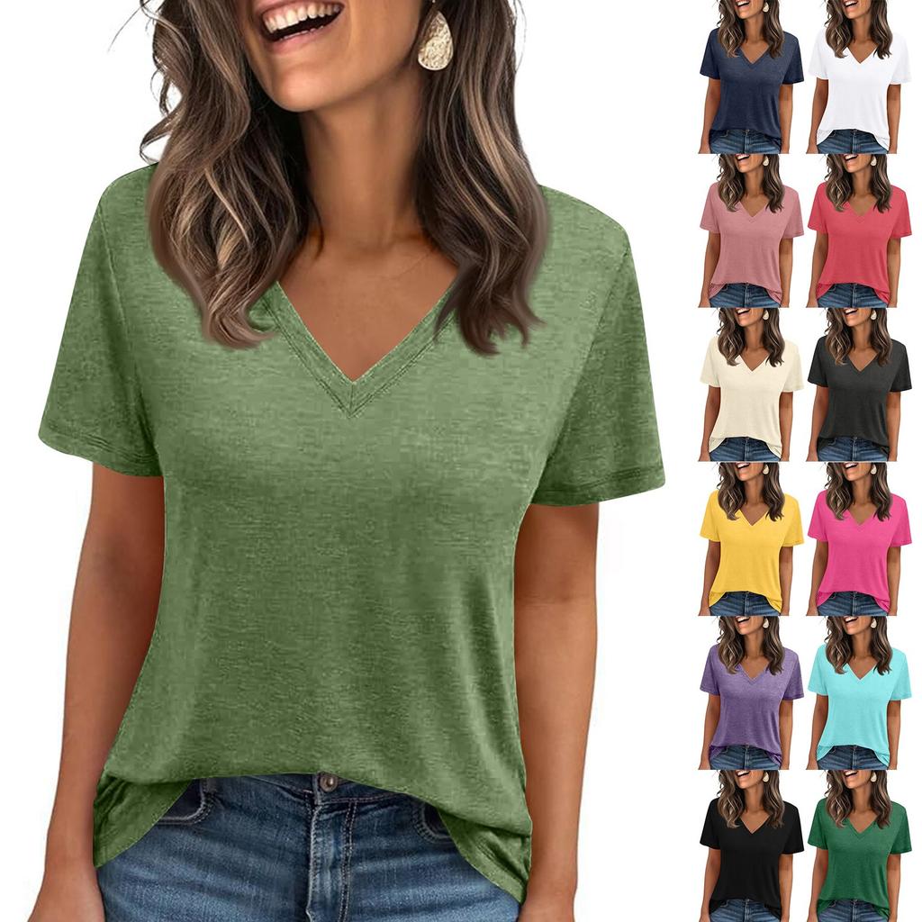 Womens' Fashionable And Casual Solid-color Basic V-neck Short-sleeved Top