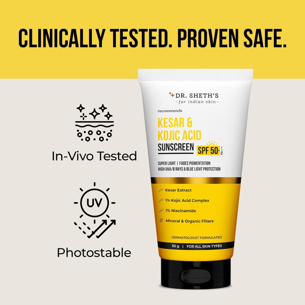 Dr. Sheth's Kesar & Kojic Acid Sunscreen SPF 50 Pa++++ 50 g Pack For Daily Moisturization