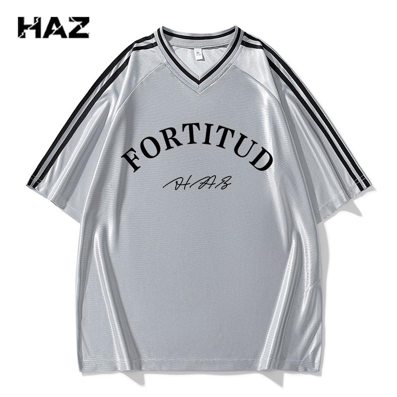 Summer Short-sleeved T-shirt Men's V-neck Contrast Striped Loose Top