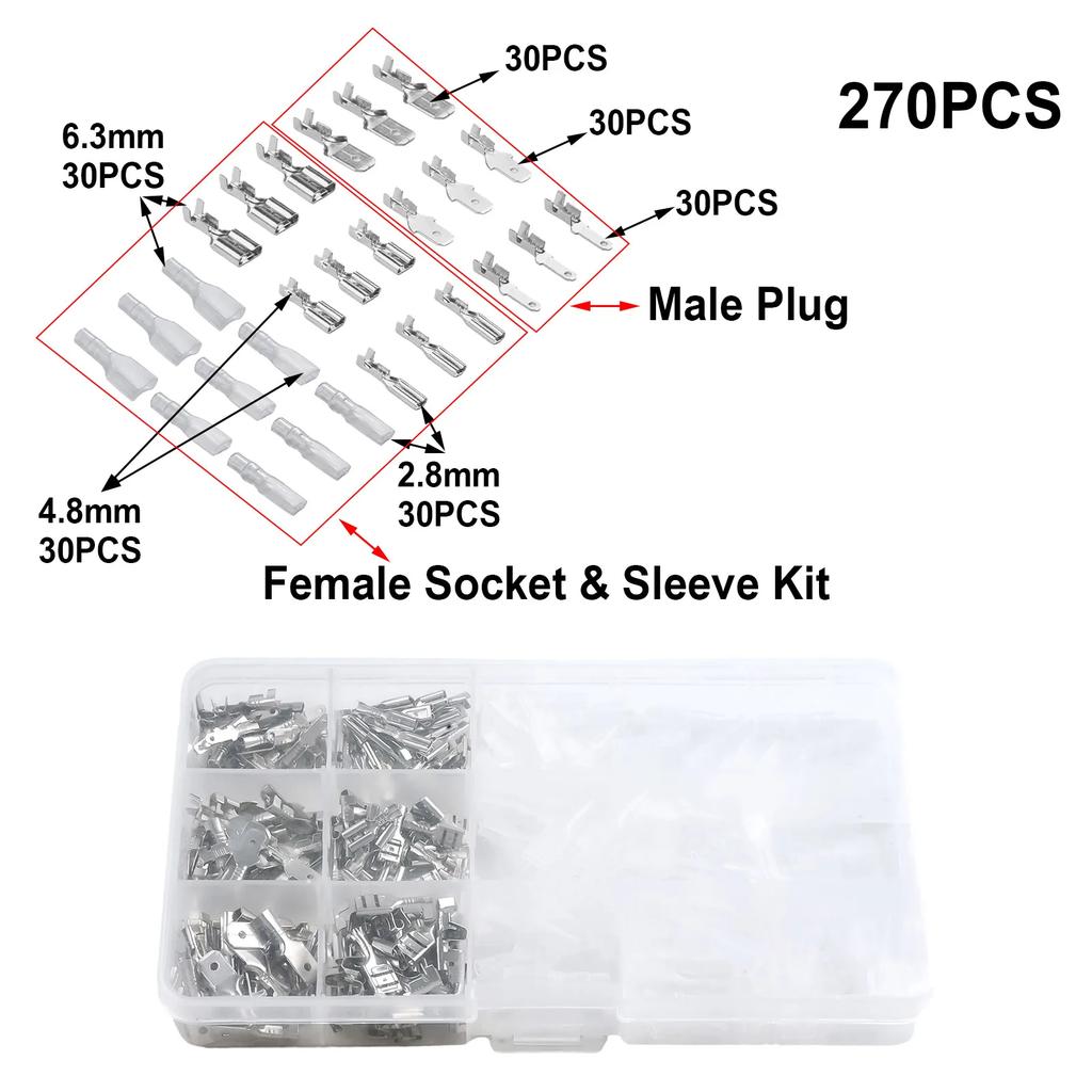 Assortment Spade Crimp Terminal Connector Crimp Connectors 3 Sizes Lots Spade 2.8mm 4.8mm 6.3mm AWG 22~16 3 Kinds