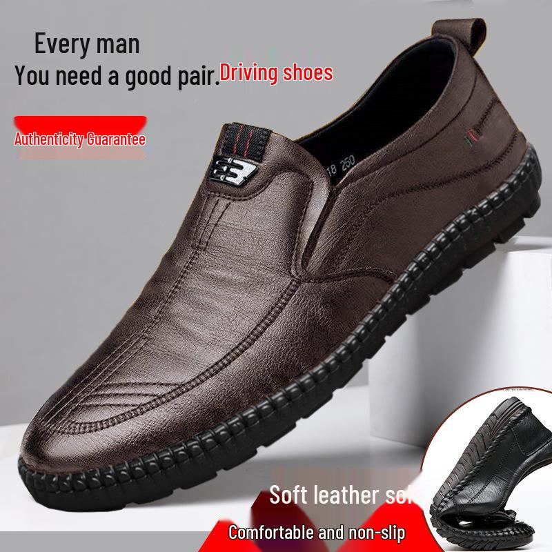 Summer 2025 Men's Breathable Leather Shoes: Soft Sole Casual Work Shoes for Middle-aged and Elderly.