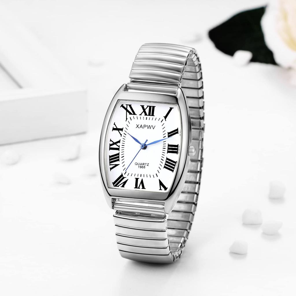 Watch Pair Couple Roman Alphabet Analog Display Square Antique Stylish Elastic Belt Pair Watch Quartz Watch Silver Fashion Accessories Birthday