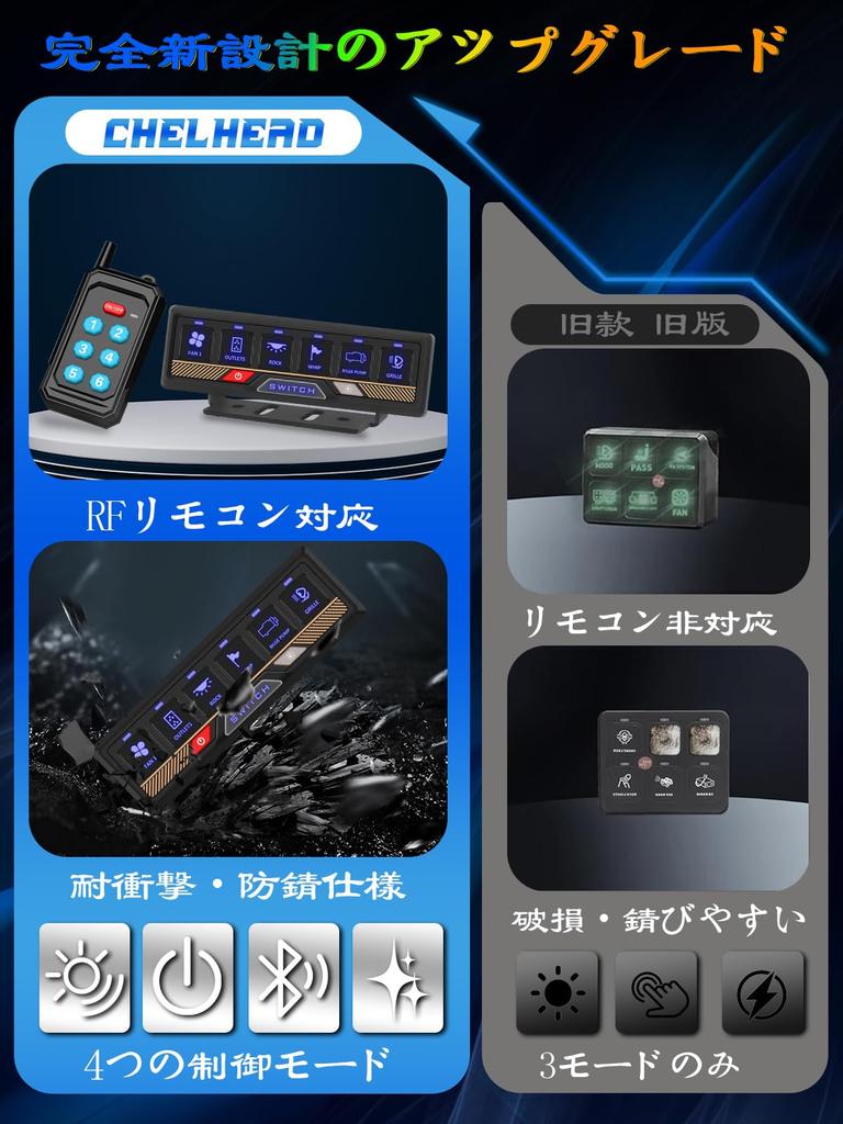 Chelhead Schalterpanel mit Bluetooth-Fernbedienung zu RGB-Hintergrundbeleuchtung und Puls für und Sonderfahrzeuge 6-fach Steuerung, (Bis zu 230 Fuß), Dimmen,