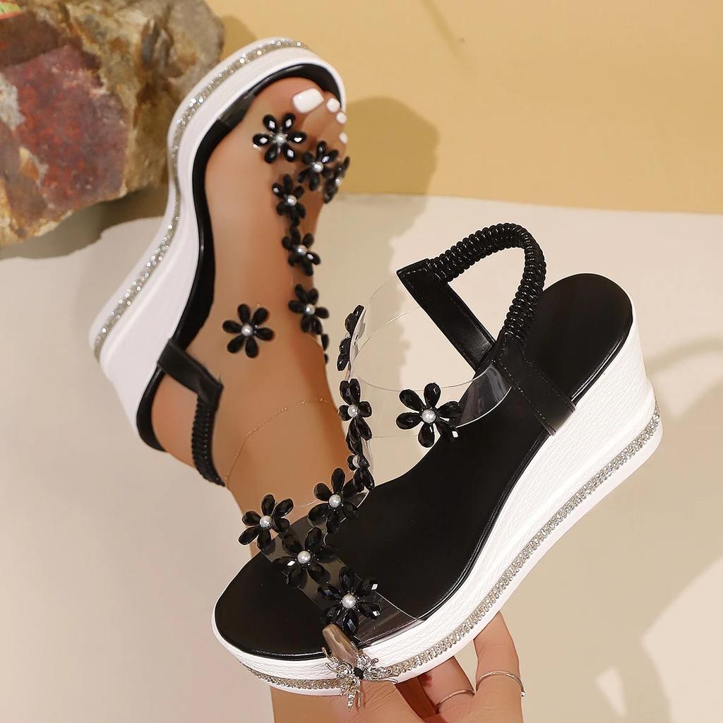 Fashion Crystal Flower Decor Chunky Platform Sandals Women 2025 Summer Thick Bottom Wedge Sandals Woman Plus Size 43 Sandalias Mujer