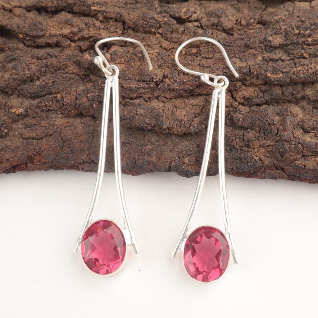 Oval Pink Tourmaline Gemstone 925 Sterling Silver Drop Dangle Earrings Jewelry EE-136-15