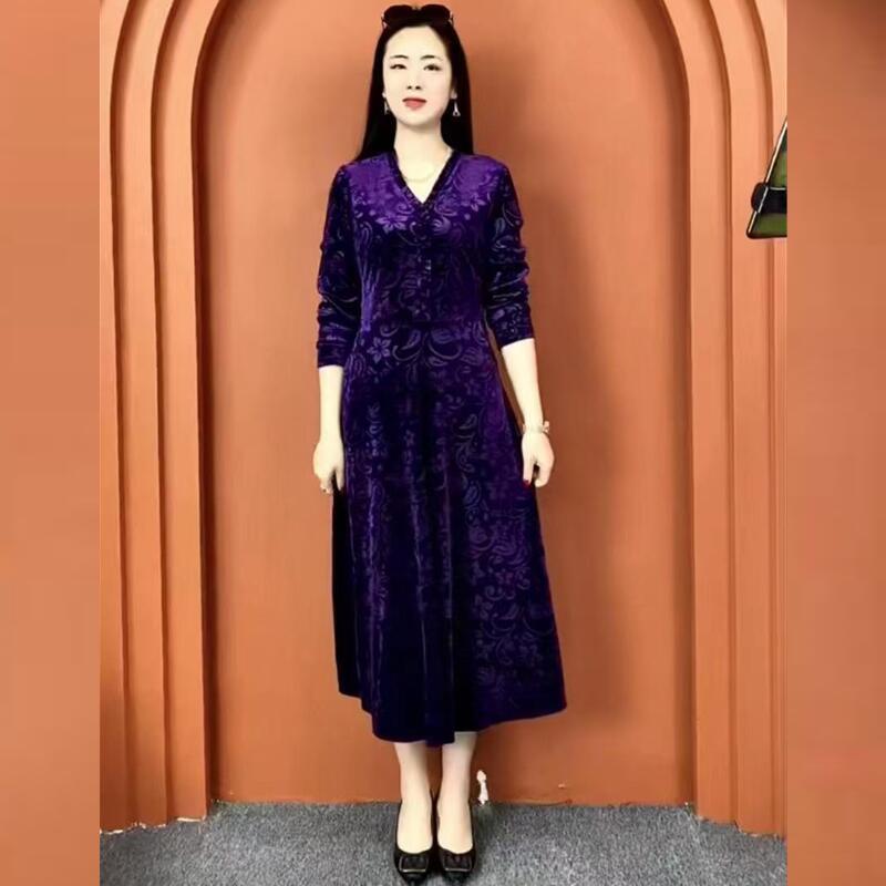 Women's Plus Size Printed Velvet Dress Autumn Loose V-neck A-line Long Casual Dress