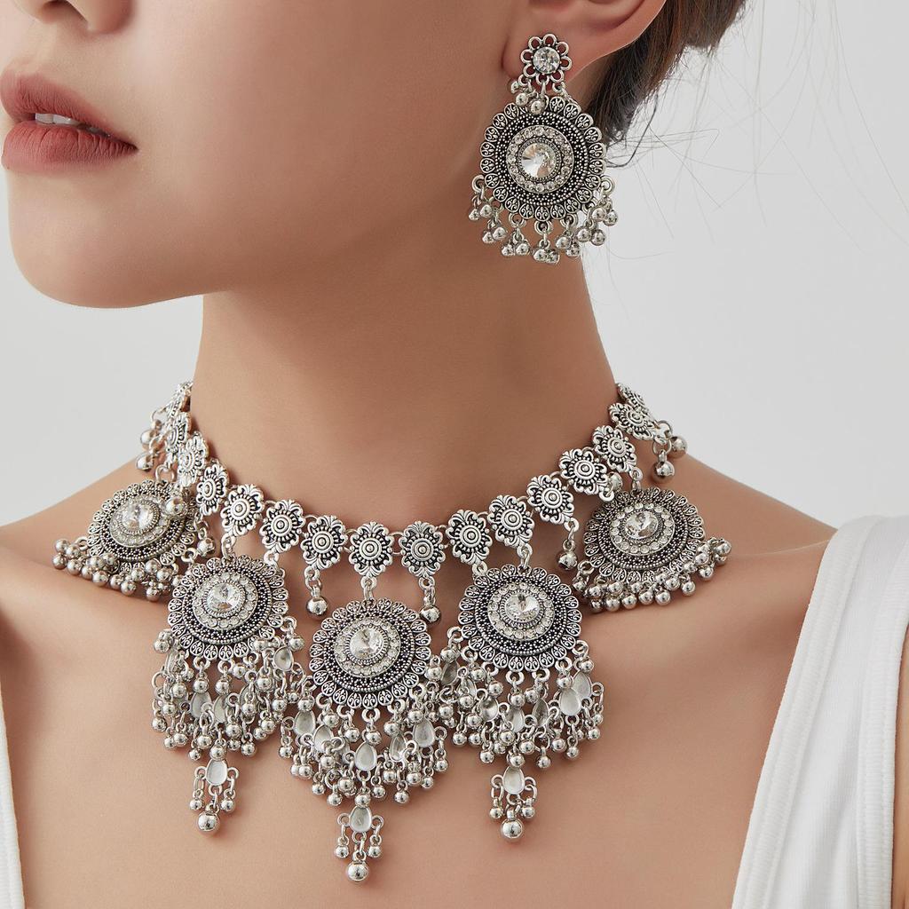 Exaggerated Indian-Style Rhinestone Tassel Necklace & Retro Ethnic Earrings Set