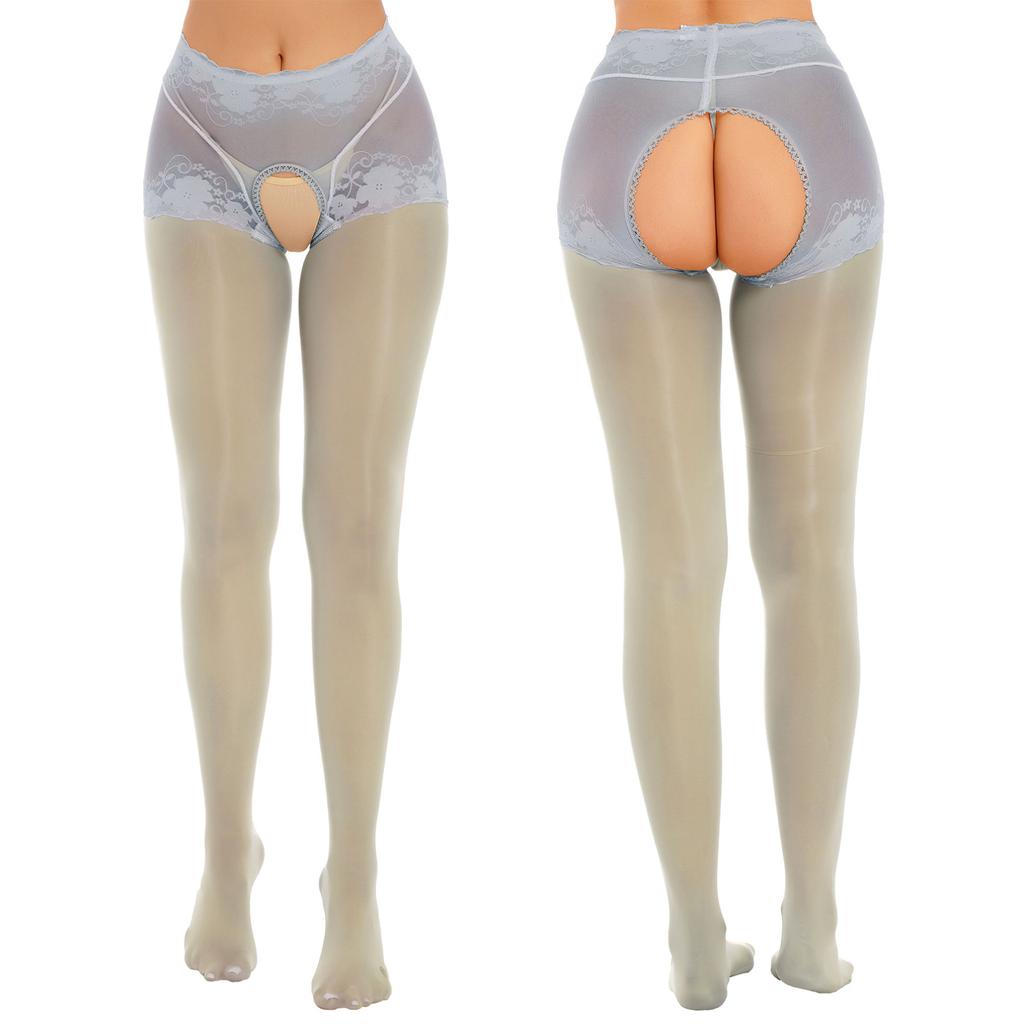 Womens Open Crotch Pantyhose See-Through Floral Lace Patchwork Stockings Leggings