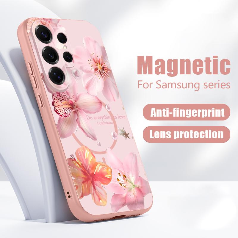 Magnetic For Magsafe Case For Samsung Galaxy S26 Ultra S25 Edge S24 Plus S23 FE S22 A17 A54 A55 A56 A57 5G Pink Lily Daisies Floral Cover