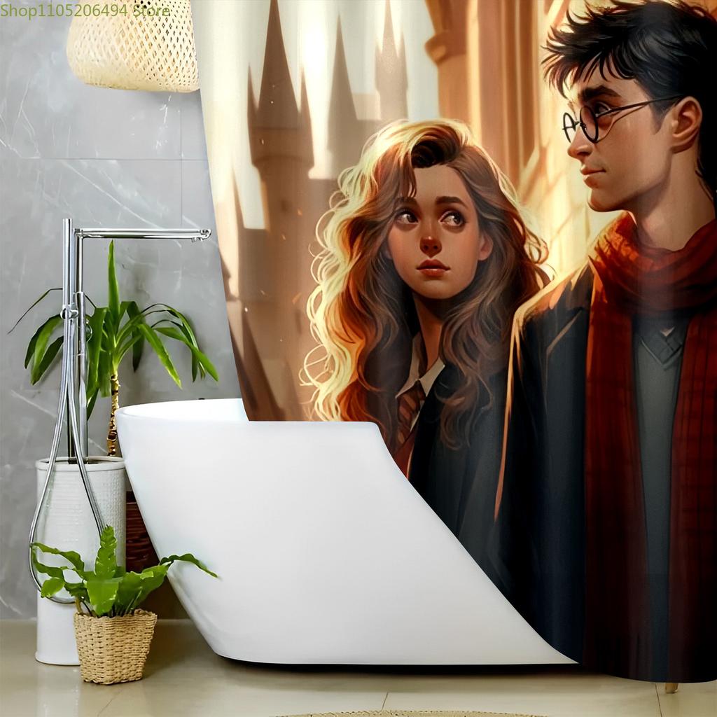 Warner Bros Inspired Valentine's Day Anime Couple Shower Curtain, Wizarding World Themed Bathroom Decor, Romantic Magical Cast
